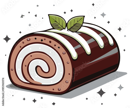 Chocolate Swiss Roll Cake with Cream Filling and Mint Leaves