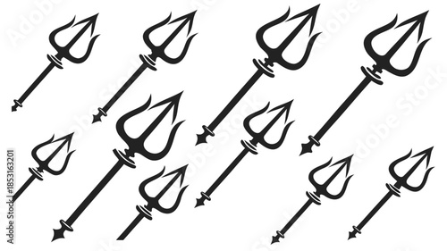 Vector illustration collection of black trident icons with detailed designs
