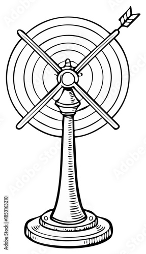 Antique style drawing of a target with an arrow pointer on a stand symbol of direction and goals