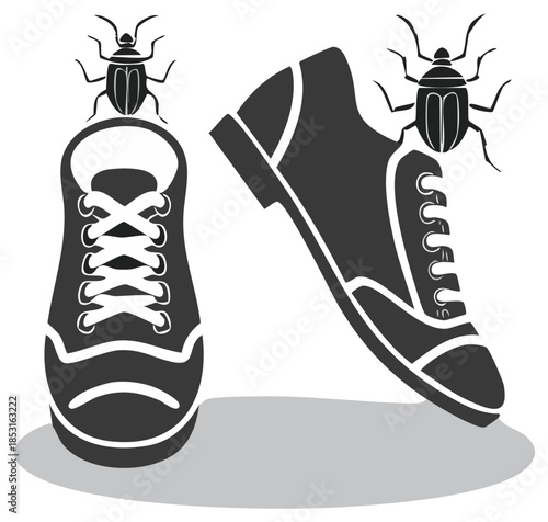 Dark athletic shoes with laces and insects resting on the shoe tops showing a dark silhouette