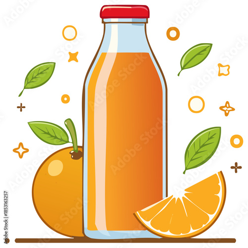 Refreshing orange juice in a glass bottle with fresh citrus fruit and leaves illustration