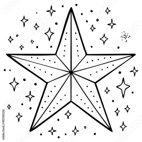 Hand drawn outlined five pointed star surrounded by many twinkling star shapes and dots