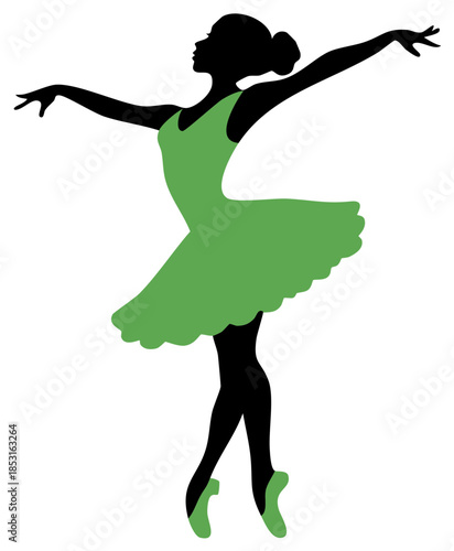 Graceful ballet dancer silhouette in elegant green costume performs an artistic pose
