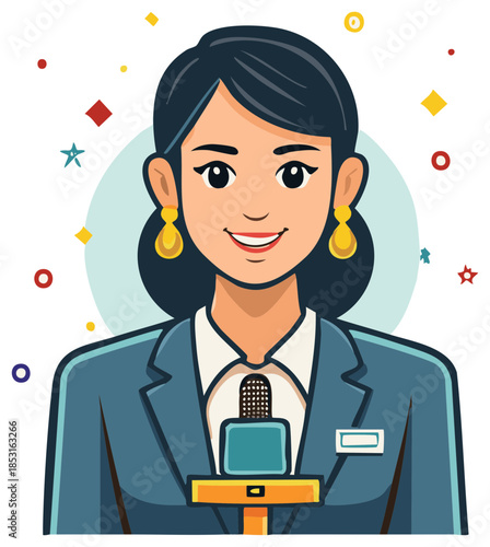 Smiling professional female newscaster journalist reporter speaking into a microphone for broadcast