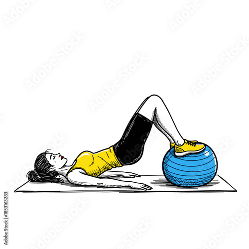 Woman using stability ball for core exercises lying on yoga mat, in sketch style