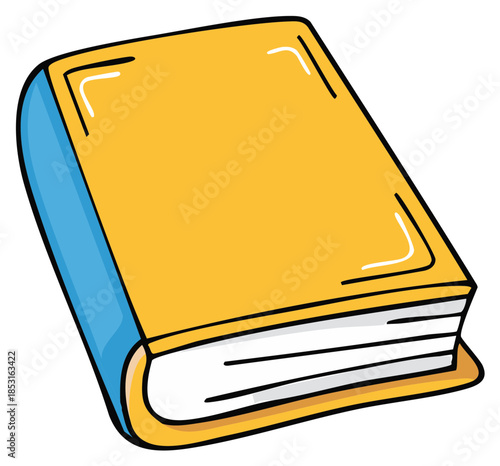 Closed yellow book with blue spine and white pages hand drawn illustration