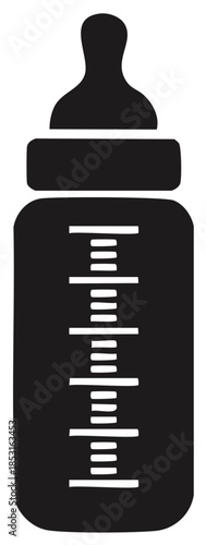 Simple black silhouette of a baby feeding bottle with measurement lines vector icon