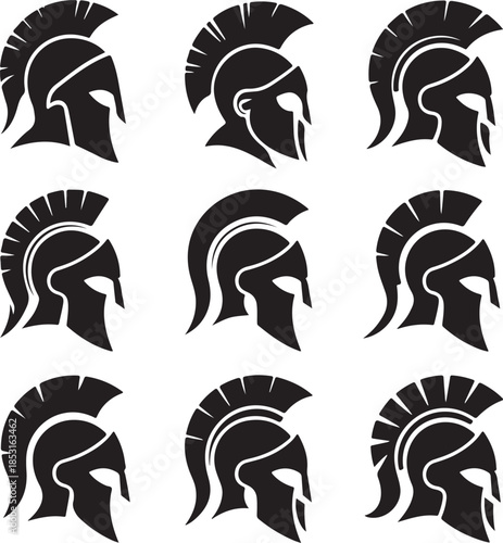 Nine Ancient Greek Helmets in Profile View warrior spartan