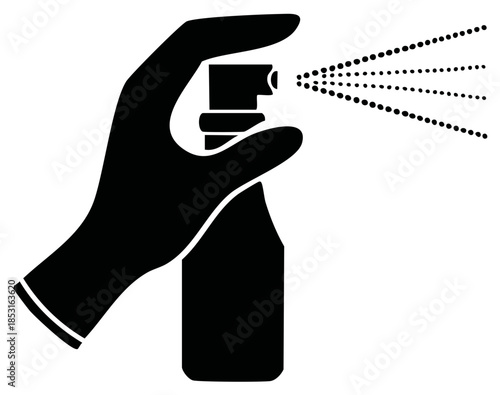 Simple black icon of a hand in a protective glove spraying disinfectant from a bottle