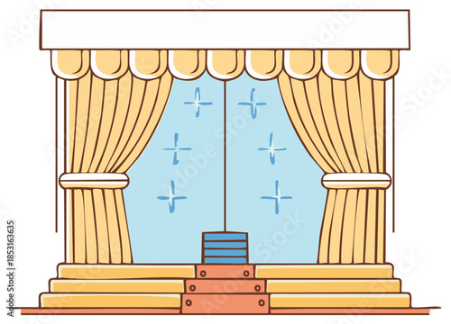 Illustrated theatrical stage with golden curtains and platform steps