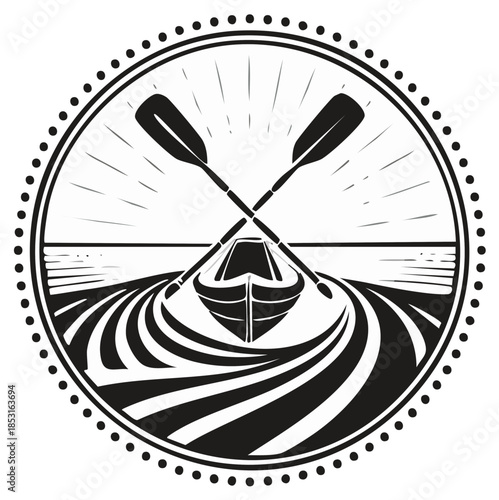 Stylized Rowing Boat on Water with Crossed Oars Emblem with Waves, Rays