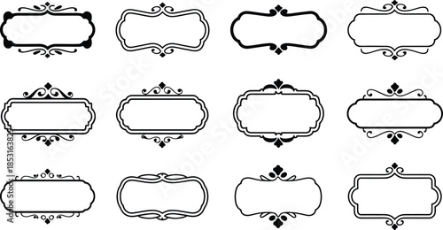 Set of vintage decorative frames, ornamental borders, and retro labels, vector illustration