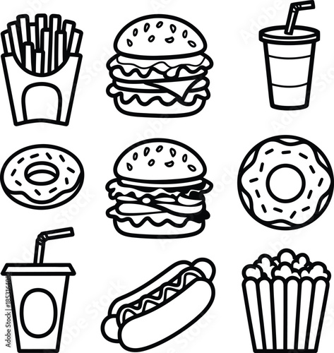Fast Food Outline Icons Set Vector Illustration