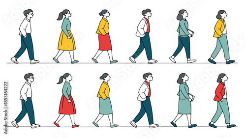 Vector illustration sequence of people walking in various casual outfits