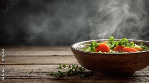 A steaming bowl of vegetable soup with carrots and greens on a wooden table. Fresh herbs are placed beside the bowl.
