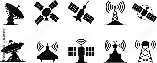 Satellite Dish and Wireless Communication Tower Icon Set, vector illustration