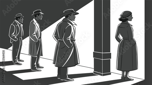 Vector illustration vintage group of people standing in line with shadows on the ground