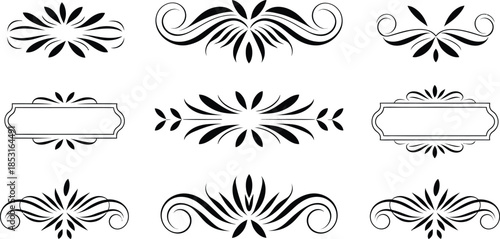 Set of vintage decorative frames, ornamental borders, and retro labels, vector illustration