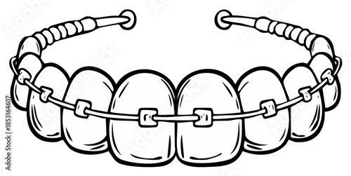 Black and white illustration of teeth with braces