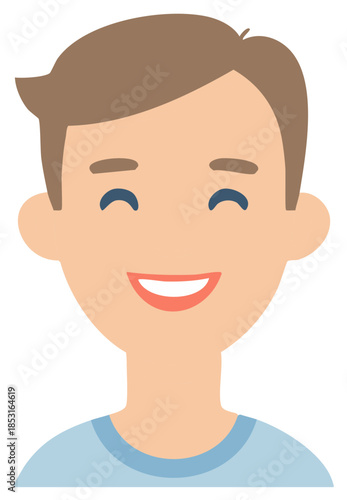 Joyful man smiles with closed eyes in a stylized vector portrait, conveying happiness and youth in clean shapes