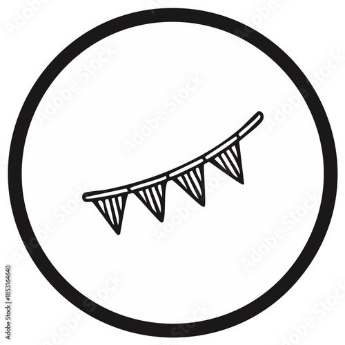 Festive bunting flags line icon. Party pennant garland decoration symbol in circle for celebration design.