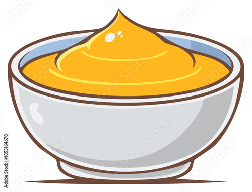 Cartoon illustration of a bowl filled with rich yellow creamy sauce or savory dip condiment