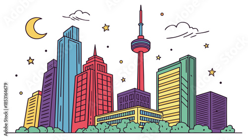 Vector illustration colorful toronto city skyline at night