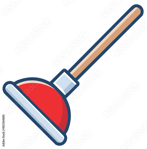 Red toilet plunger with wooden handle vector icon for plumbing