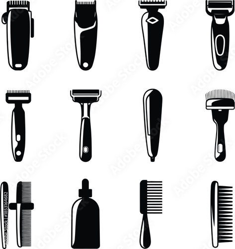 Barber Shop Icons Set. Hair Clipper, Razor, Trimmer, Comb and Grooming Tools Silhouette Vector Collection
