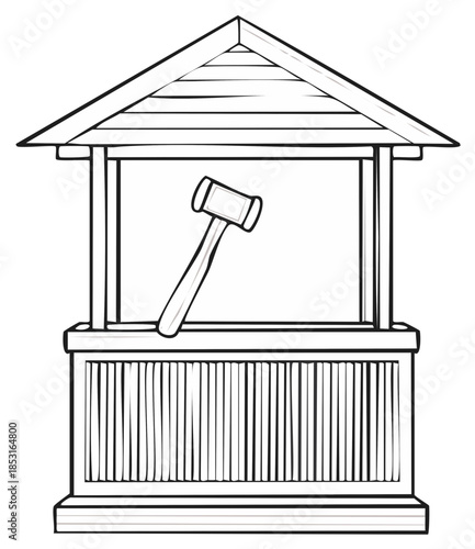 Cartoon Line Art Image of Wooden Wishing Well with Gavel Inside for Auction or Raffle