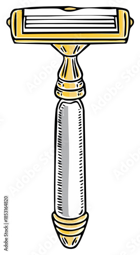 Illustration of a classic golden safety razor with a silver handle, vintage shaving tool for men