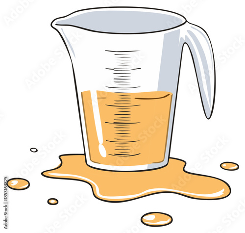 Clear measuring cup with orange liquid spilling out, a messy kitchen accident illustration