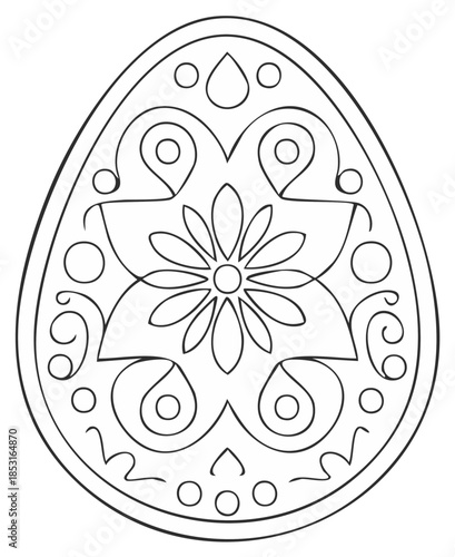 Ornate Easter egg coloring page with symmetrical floral and swirl patterns perfect for spring holiday fun