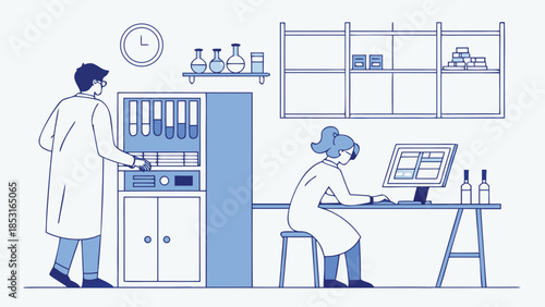 Vector illustration two scientists working in a laboratory setting