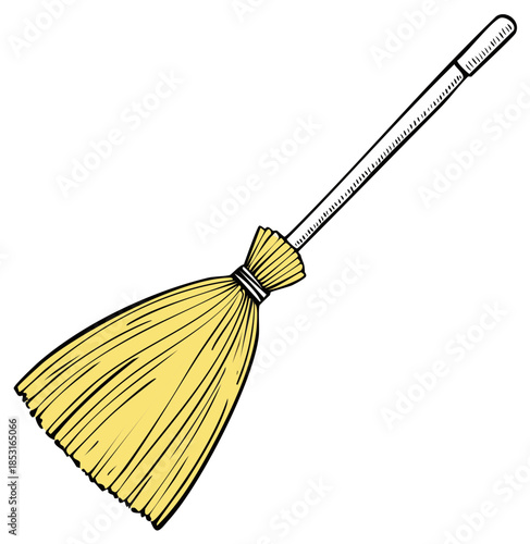 Classic hand drawn broomstick illustration. Yellow cartoon witch broom for Halloween magic or household cleaning.