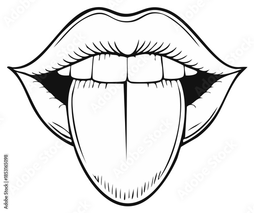 Close up black and white illustration of a mouth with tongue sticking out.