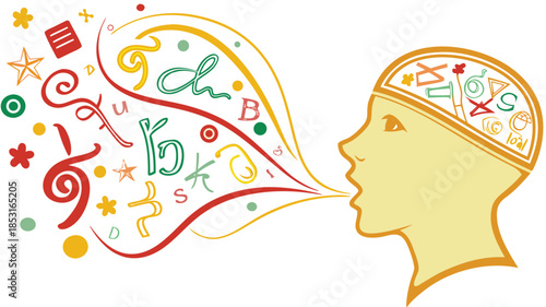 Vector illustration colorful illustration of a head with letters and symbols coming out