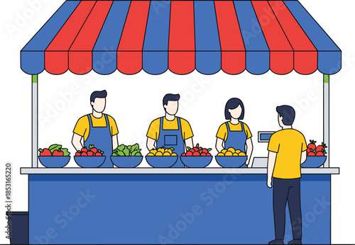 Colorful street food market stalls and mobile bicycle vendor characters including bakery ice cream and bread sellers isolated on white background flat vector illustration