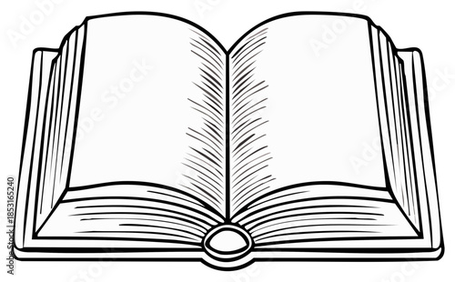 Line art of an open book showing the pages, cover, and binding in a simple black and white illustration