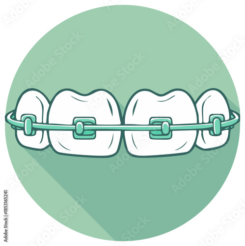 Cartoon style illustration of human teeth with orthodontic braces for dental health and smile correction