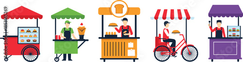 Set of colorful street food market stalls and bicycle vendor characters including bakery ice cream and bread sellers isolated on white background flat vector illustration