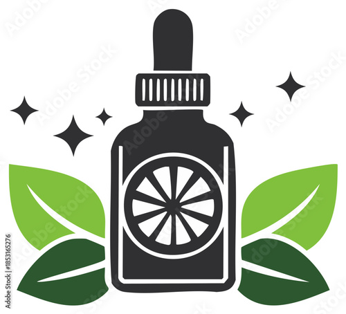 Essential oil bottle with fruit design and green leaves illustration