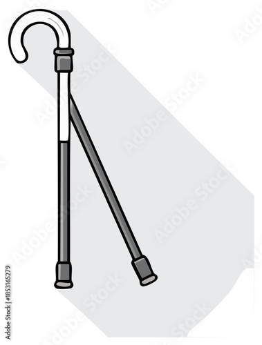 Cartoon illustration of a gray and white walking cane on a light gray background with a shadow