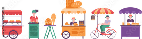 : Set of colorful street food market stalls and bicycle vendor characters including bakery ice cream and bread sellers isolated on white background flat vector illustration