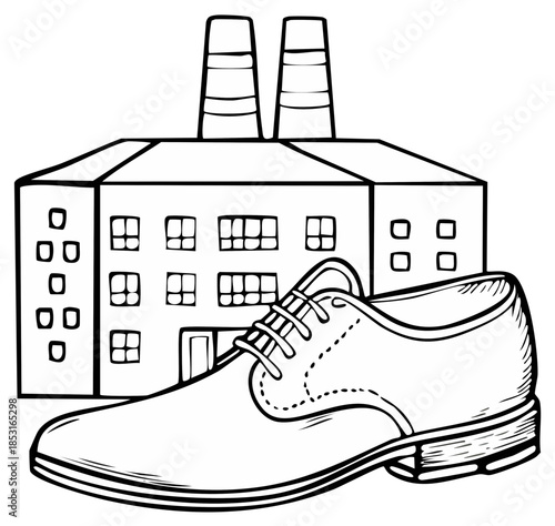 Classic formal mens shoe with laces in front of a factory building an industrial manufacturing concept illustration