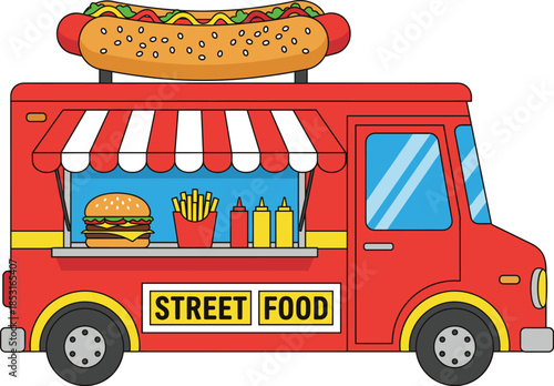 Red street food truck with giant hot dog on roof and burger with fries window display isolated on white background flat vector illustration
