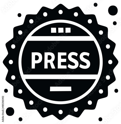 Black and white graphic of a circular press badge with text and decorative elements