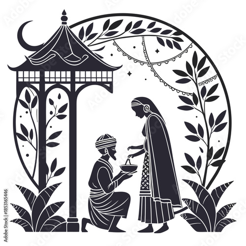 Vector illustration a man and woman under a pagoda with leaves
