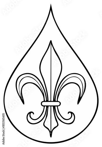 Elegant fleur de lis symbol contained within a teardrop shape, black and white outline.