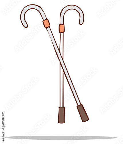 Two Crossed Walking Sticks with Curved Handles and Brown Grips in Simple Illustration
